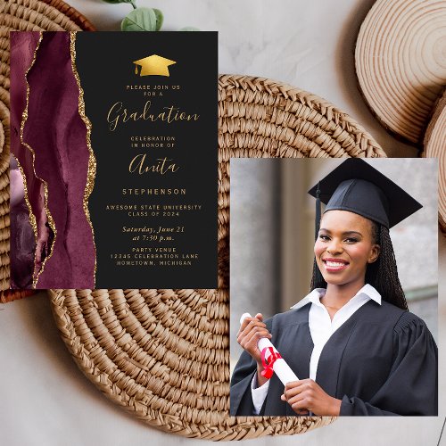 Budget 2024 Graduation Burgundy Agate Photo Invite