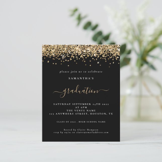Budget 2024 Graduation Gold Glitter Black Invite (Standing Front)