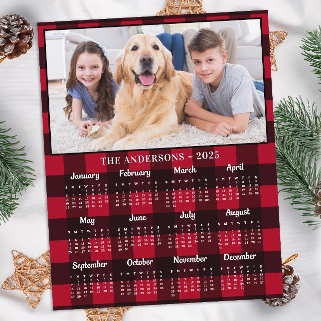 Budget 2026 Photo Red Plaid 12 Month Calendar Card (Creator Uploaded)