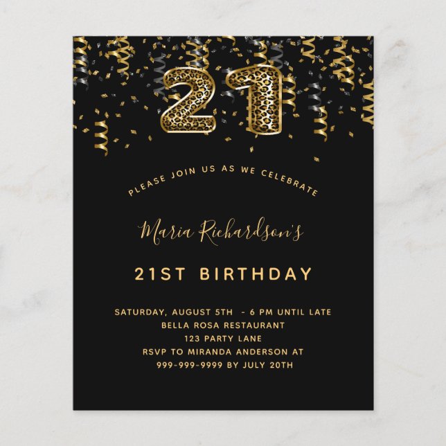 Budget 21st birthday black gold leopard party (Front)