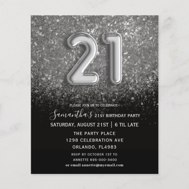 Budget 21st Birthday Black & Silver Invitation  (Front)