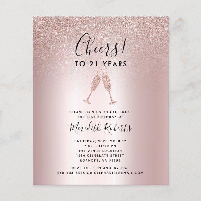 Budget 21st Birthday Blush Glitter Party Invite (Front)