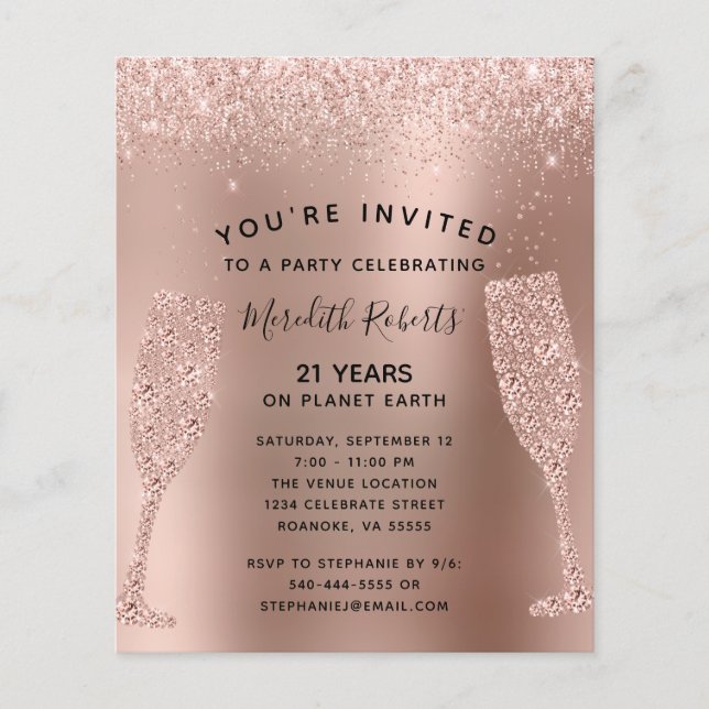 Budget 21st Birthday Champagne Rose Gold Invite (Front)