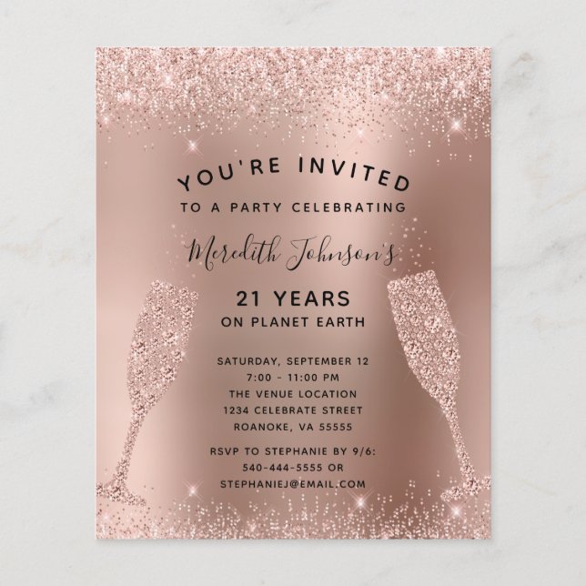 Budget 21st Birthday Champagne Rose Gold Invite (Front)