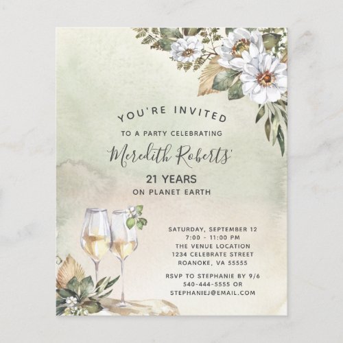 Budget 21st Birthday Champagne Toast Floral Invite