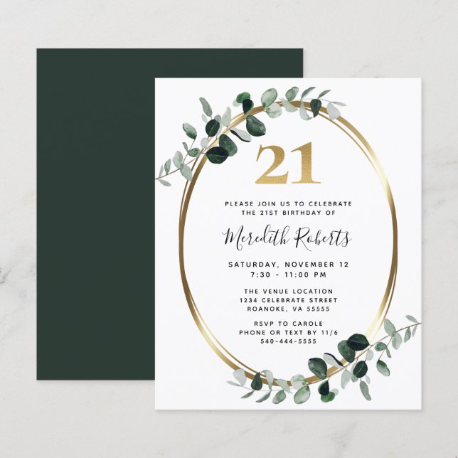 Budget 21st Birthday Eucalyptus Gold Party Invite (Front/Back)