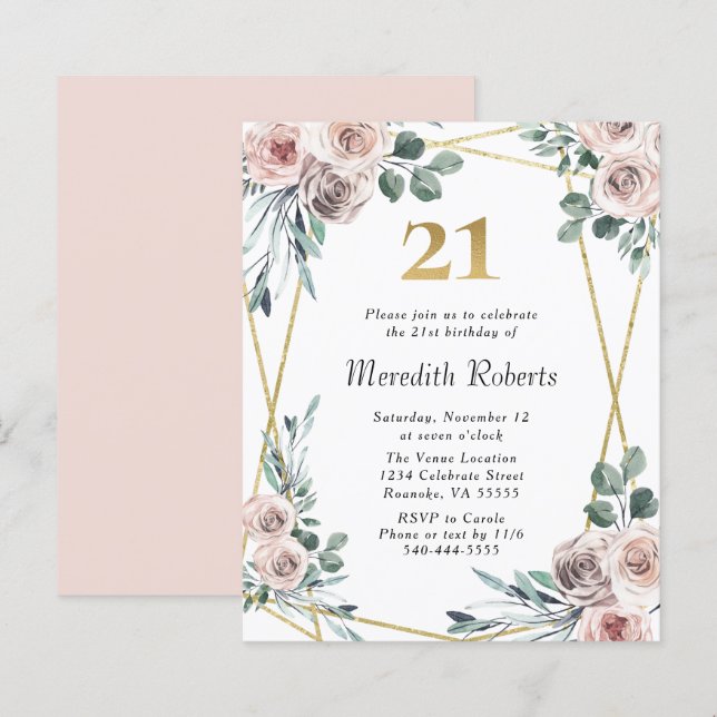 Budget 21st Birthday Floral Gold Party Invite (Front/Back)
