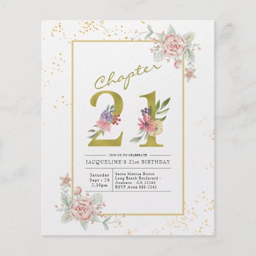 Budget 21st Birthday Floral Gold Script Invitation Flyer
