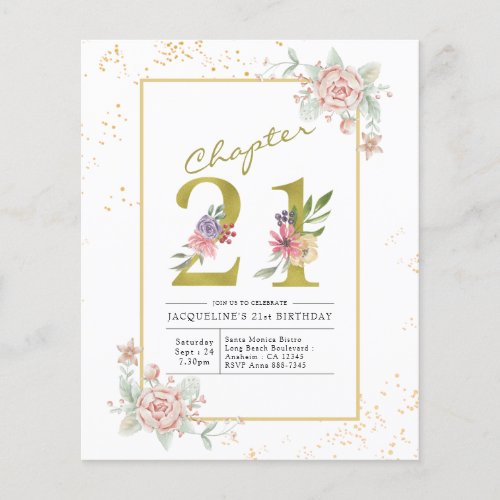 Budget 21st Birthday Floral Gold Script Invitation Flyer