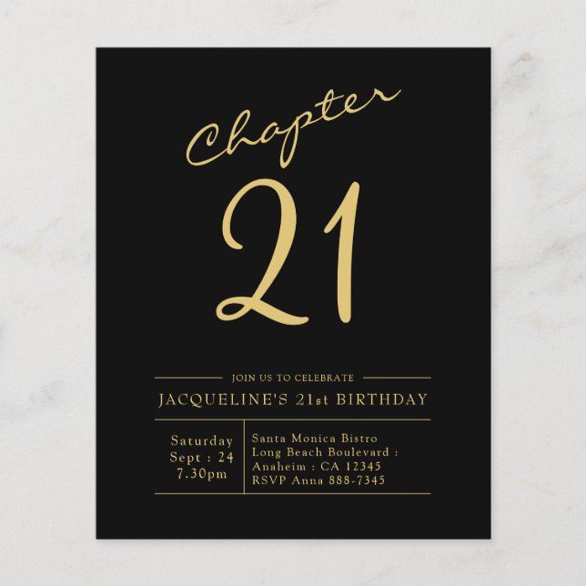 Budget 21st Birthday Invitation Black Gold Flyer (Front)