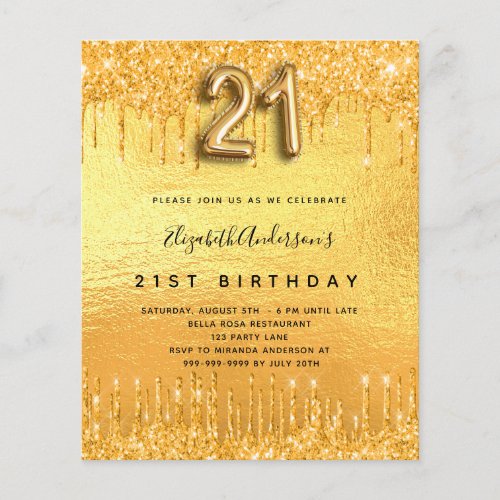 Budget 21st birthday party gold glitter invitation