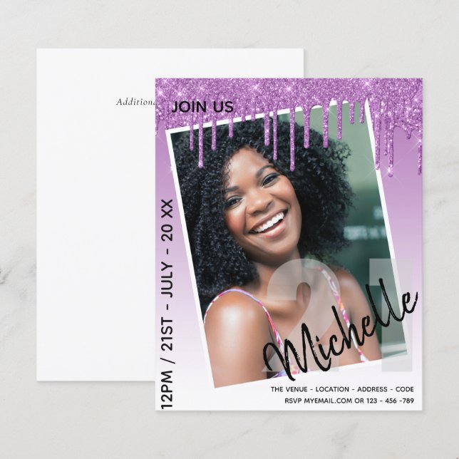 BUDGET 21st Birthday PHOTO Dripping Glitter Invite (Front/Back)