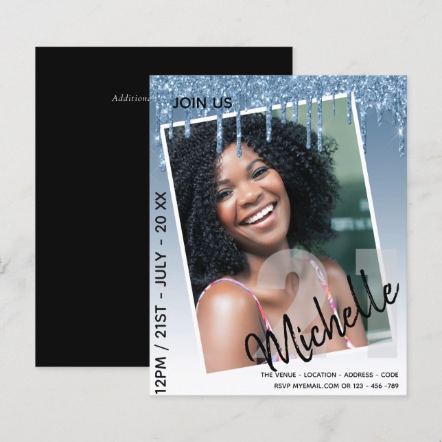 BUDGET 21st Birthday PHOTO Dripping Glitter Invite (Front/Back)