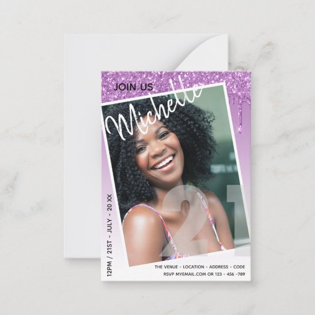 BUDGET 21st Birthday PHOTO Dripping Glitter Invite (Front)