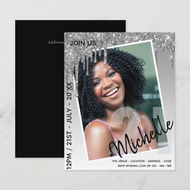 BUDGET 21st Birthday PHOTO Dripping Glitter Invite (Front/Back)