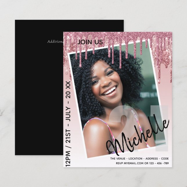 BUDGET 21st Birthday PHOTO Dripping Glitter Invite (Front/Back)