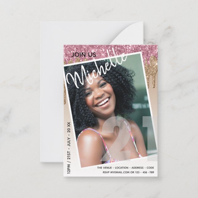 BUDGET 21st Birthday PHOTO Dripping Glitter Invite (Front)
