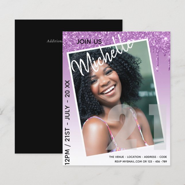 BUDGET 21st Birthday PHOTO Dripping Glitter Invite (Front/Back)