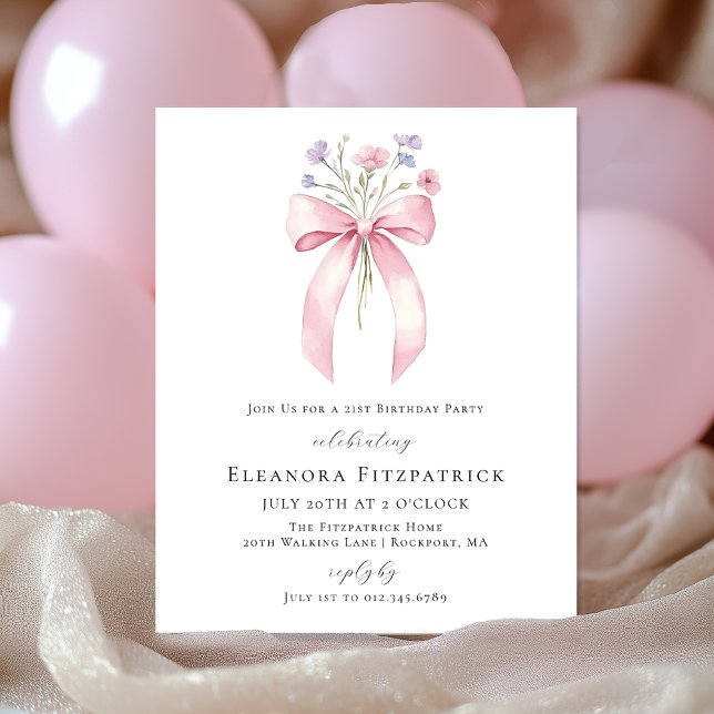 BUDGET 21st Birthday Pink Bow Wildflower Invite (Creator Uploaded)