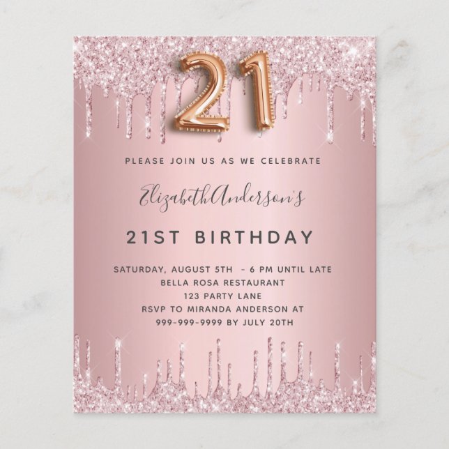 Budget 21st Birthday pink dusty rose glitter drips (Front)