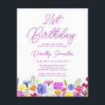 BUDGET 21st Birthday Purple Wildflower Invitation<br><div class="desc">A pretty wildflower border decorates the bottom of this adult 21st birthday party invitation. Purple, blue, yellow and orange flowers create a colorful and happy design to celebrate this milestone birthday. Modern and simple purple calligraphy adds a trendy touch to keep it fresh. The open and carefree lettering flow coordinates...</div>