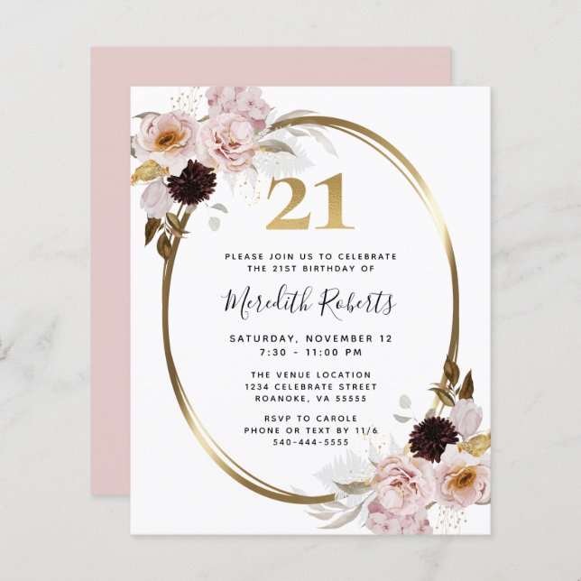 Budget 21st Birthday Rose Floral Gold Party Invite (Front/Back)