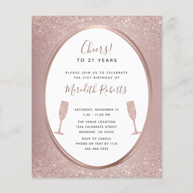 Budget 21st Birthday Rose Gold Champagne Invite (Front)