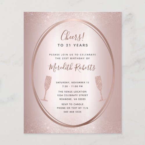 Budget 21st Birthday Rose Gold Champagne Invite