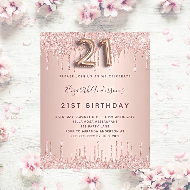 Budget 21st Birthday rose gold glitter invitation