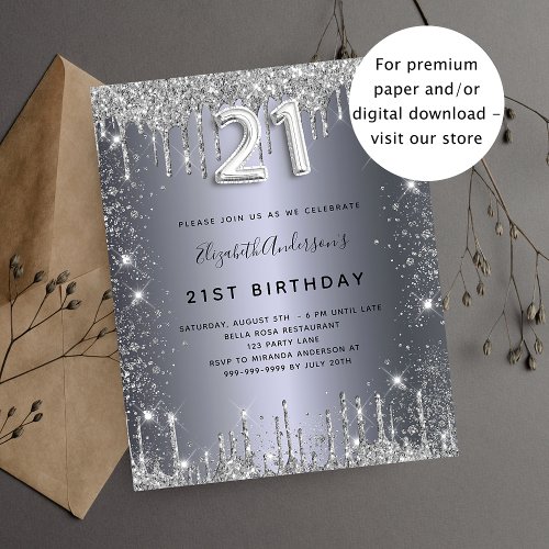 Budget 21st birthday silver glitter invitation