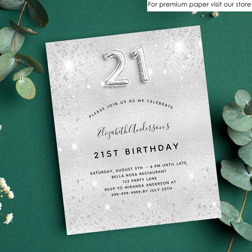 Budget 21st birthday silver glitter invitation