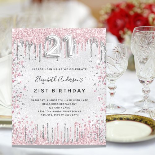 Budget 21st birthday silver pink invitation