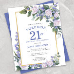 Budget 21st Birthday Surprise Party Invitation<br><div class="desc">Honor a special woman with this elegant and feminine Budget 21st Birthday Surprise Party invitation. Surprise and 21st are written in large blue text. Birthday Celebration follows. The honored guest's name is also in blue capital letters. The birthday celebration details are surrounded by a chic gold frame. The blue flowers...</div>