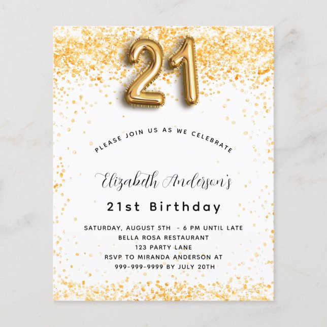 Budget 21st birthday white gold glitter invitation (Front)