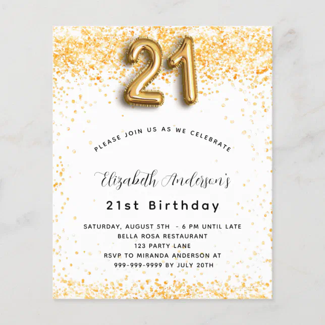 Budget 21st birthday white gold glitter invitation | Zazzle