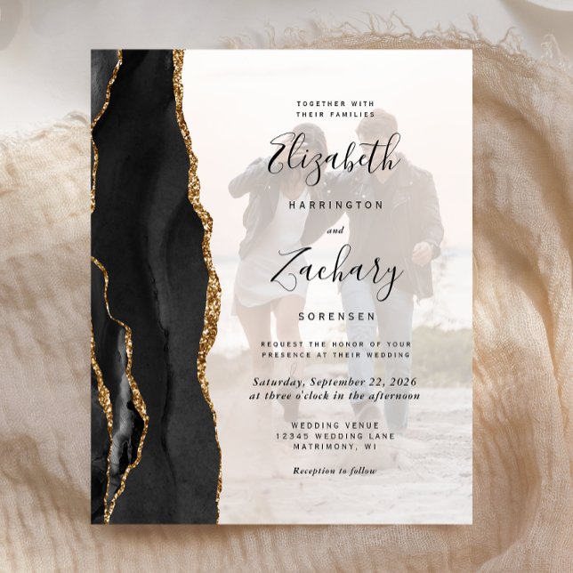 Budget 2-Photo Black Gold Agate Wedding Invitation (Creator Uploaded)