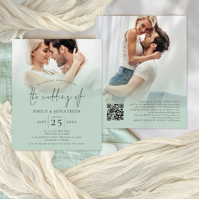 Budget 2 Photo Overlay Script QR Sage Wedding  (Front and back view of the budget invitation)