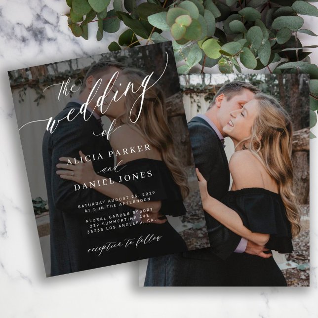 Budget 2 photos elegant script wedding invitation (Creator Uploaded)