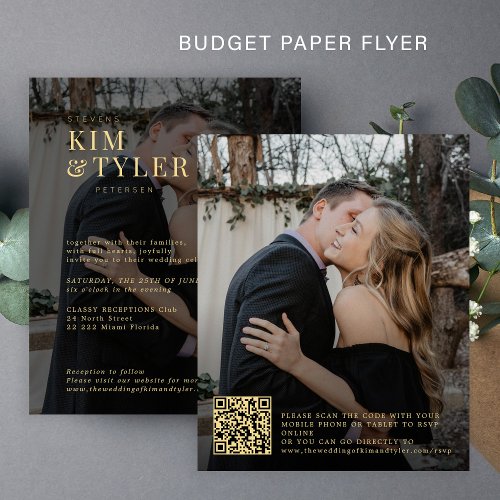 Budget 2 photos QR gold black wedding invitation Flyer