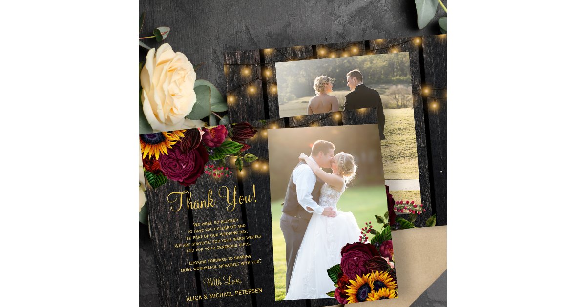 Budget 2 photos sunflower roses wedding thank you | Zazzle