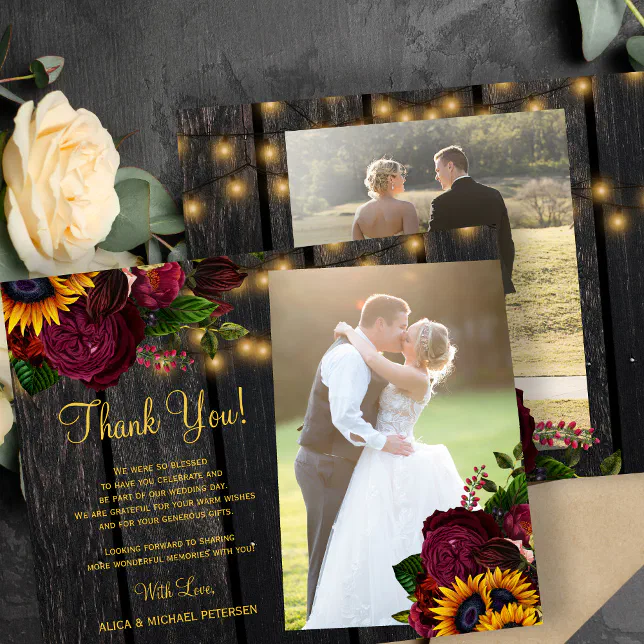 Budget 2 photos sunflower roses wedding thank you | Zazzle