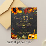 Budget 30 years rustic fall 30th birthday party  flyer<br><div class="desc">Yellow gold and rusty orange autumn fall sunflowers, grapes, two red wine glasses, and a watercolor pumpkin over a dark brown barn wood background making an elegant cheer to 30 years BUDGET affordable birthday party PAPER invitation FLYER with a trendy handwriting gold typography script. Suitable for traditional rustic | country...</div>