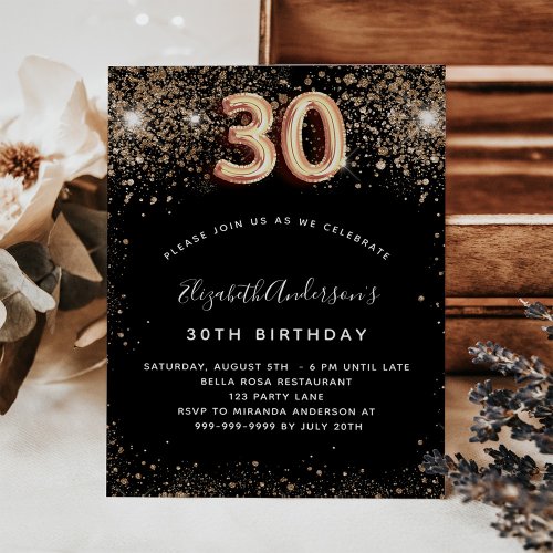 Budget 30th birthday black gold glitter invitation