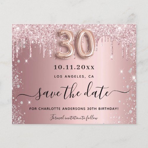 Budget 30th birthday blush glitter save the date