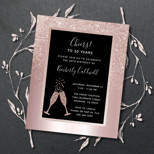 Budget 30th Birthday Champagne Toast Party Invite (30th Birthday Party Invitation Blush Rose Gold Glitter Champagne Toast)