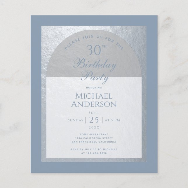 Budget 30th Birthday Dusty Blue Silver Invitation (Front)