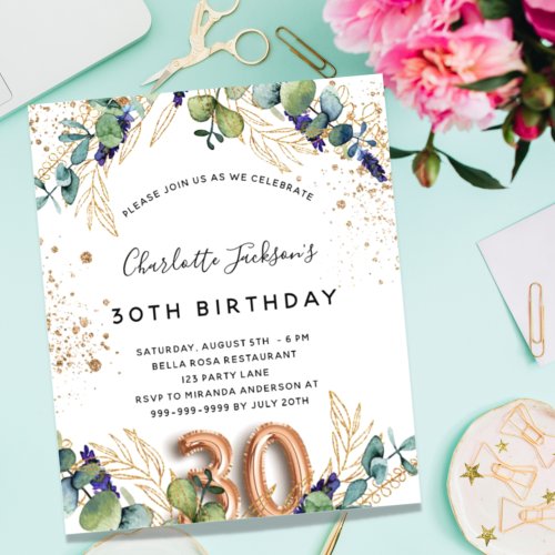 Budget 30th birthday eucalyptus greenery glitter