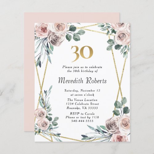 Budget 30th Birthday Floral Gold Party Invite