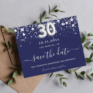 Budget 30th birthday navy blue silver save date