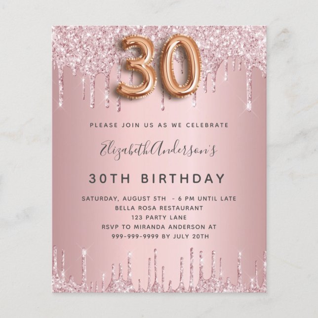 Budget 30th Birthday pink dusty rose glitter drips (Front)